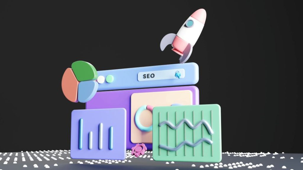3D Illustration eines SEO-Dashboards mit Rakete, Suchleiste „SEO“ und Analyse-Grafiken als Symbol für Suchmaschinenoptimierung und digitales Wachstum.