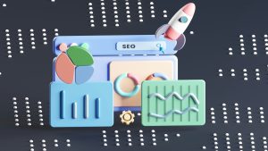 SEO-Analyse mit Diagrammen, Suchleiste und Rakete zur Darstellung von Suchmaschinenoptimierung