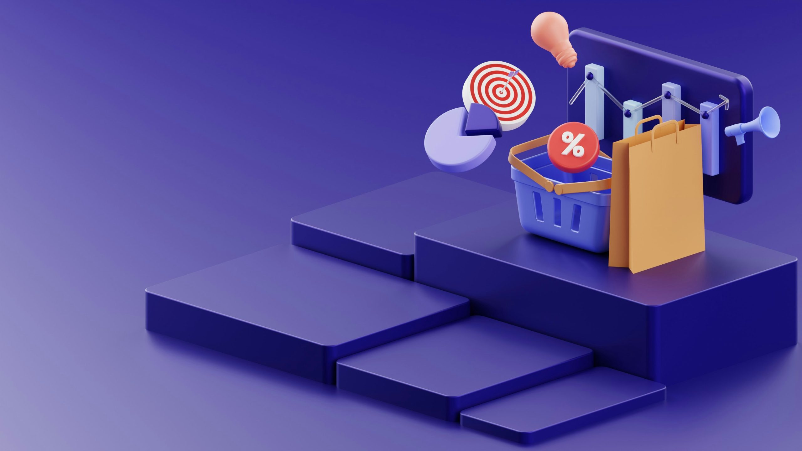 3D-Illustration von E-Commerce-Marketing mit Einkaufskorb, Rabattzeichen und Zielgruppe