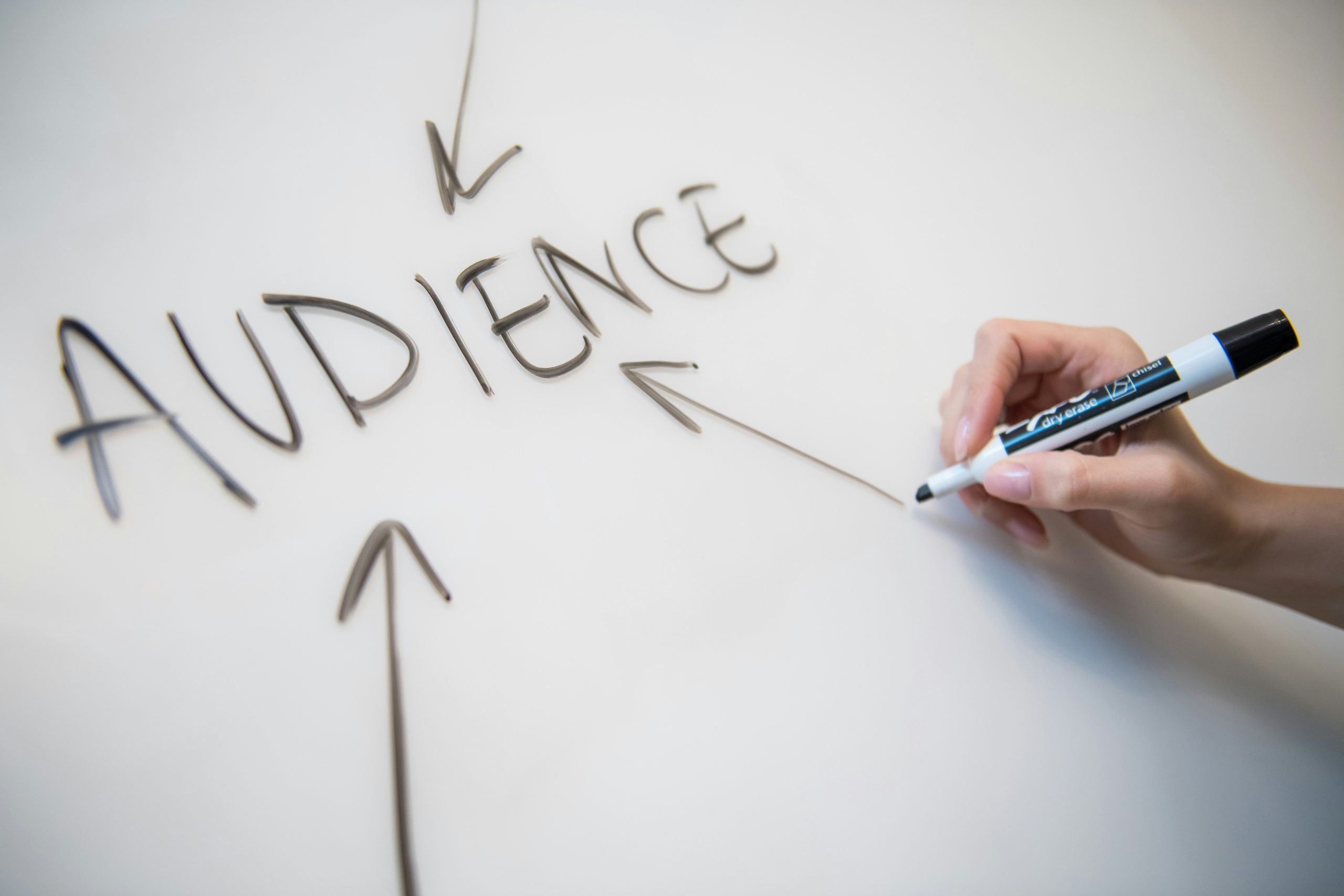 Hand schreibt mit einem Whiteboard-Marker das Wort "AUDIENCE" auf ein Whiteboard, umgeben von Pfeilen die auf den Begriff zeigen