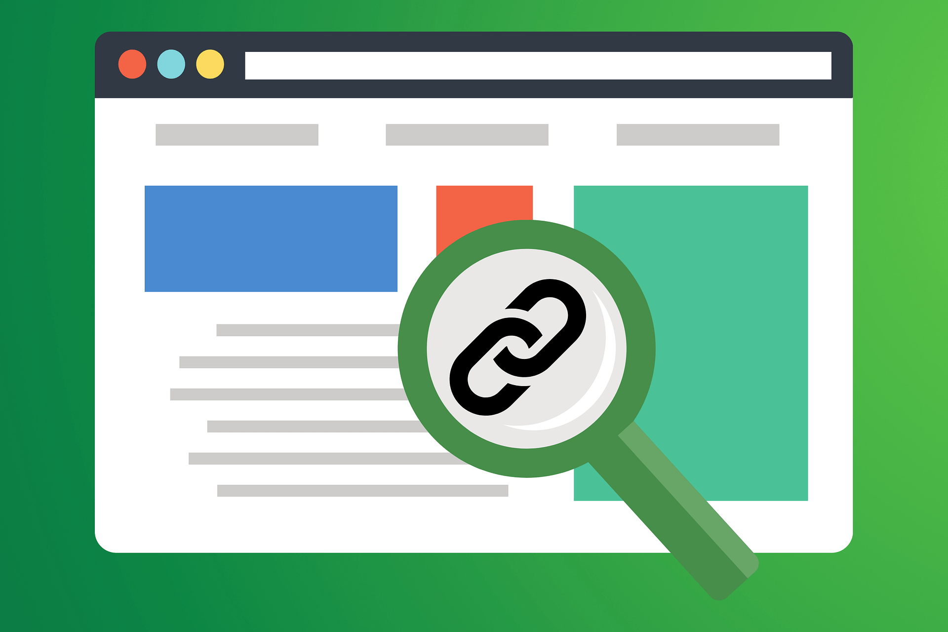 Lupe mit Link-Symbol prüft Backlinks auf einer Webseite zur Analyse der SEO-Qualität