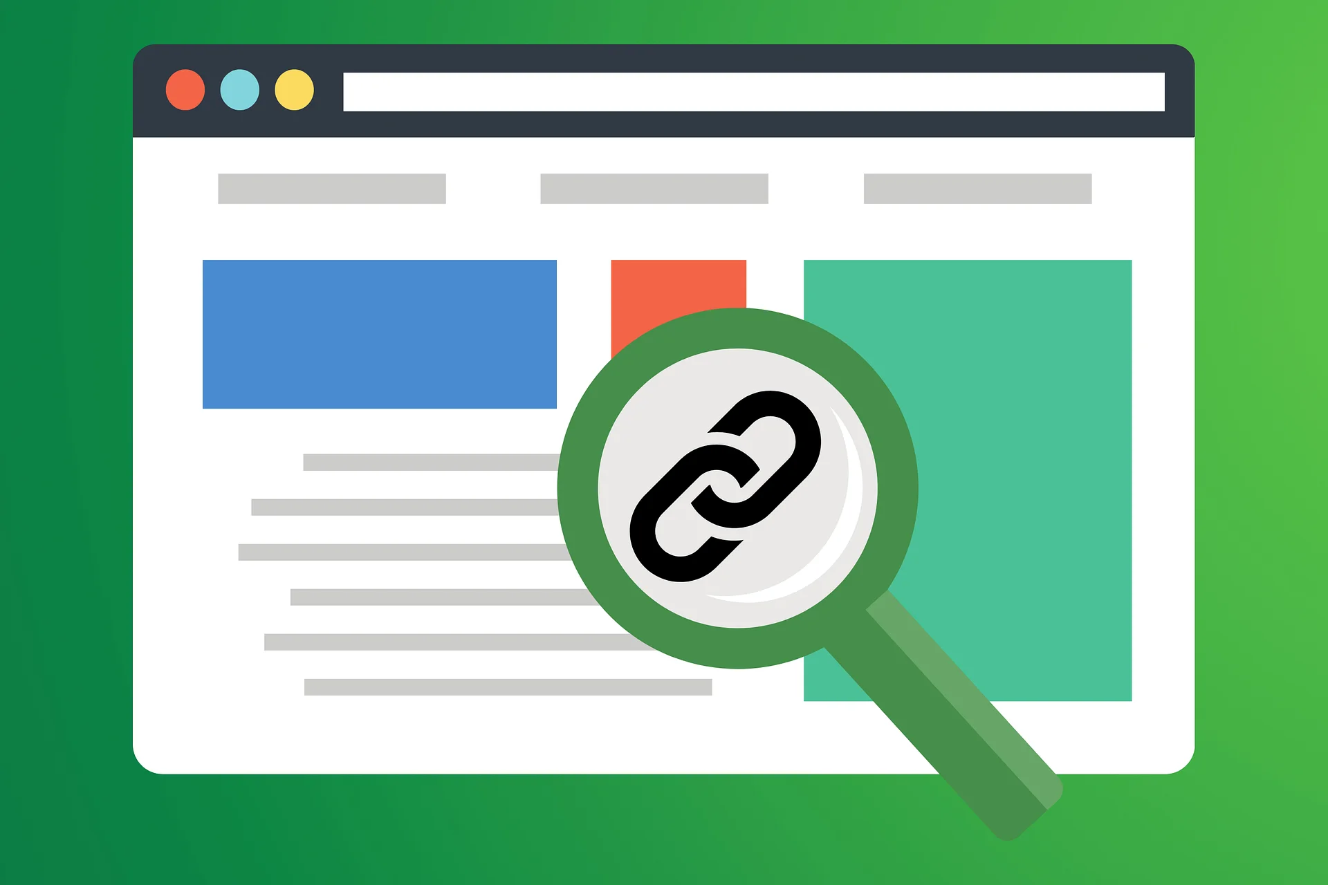 Lupe mit Link-Symbol prüft Backlinks auf einer Webseite zur Analyse der SEO-Qualität