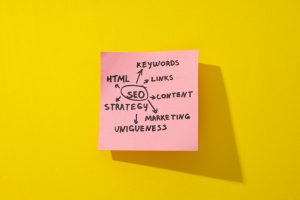 Handgezeichnetes SEO-Diagramm mit Keywords, Content und Strategie als Grundlage für Meta Descriptions