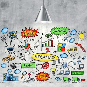 Handgezeichnete Skizzen zu Strategy, Plan, Sale und Success an einer Wand als Sinnbild für eine Marketingstrategie
