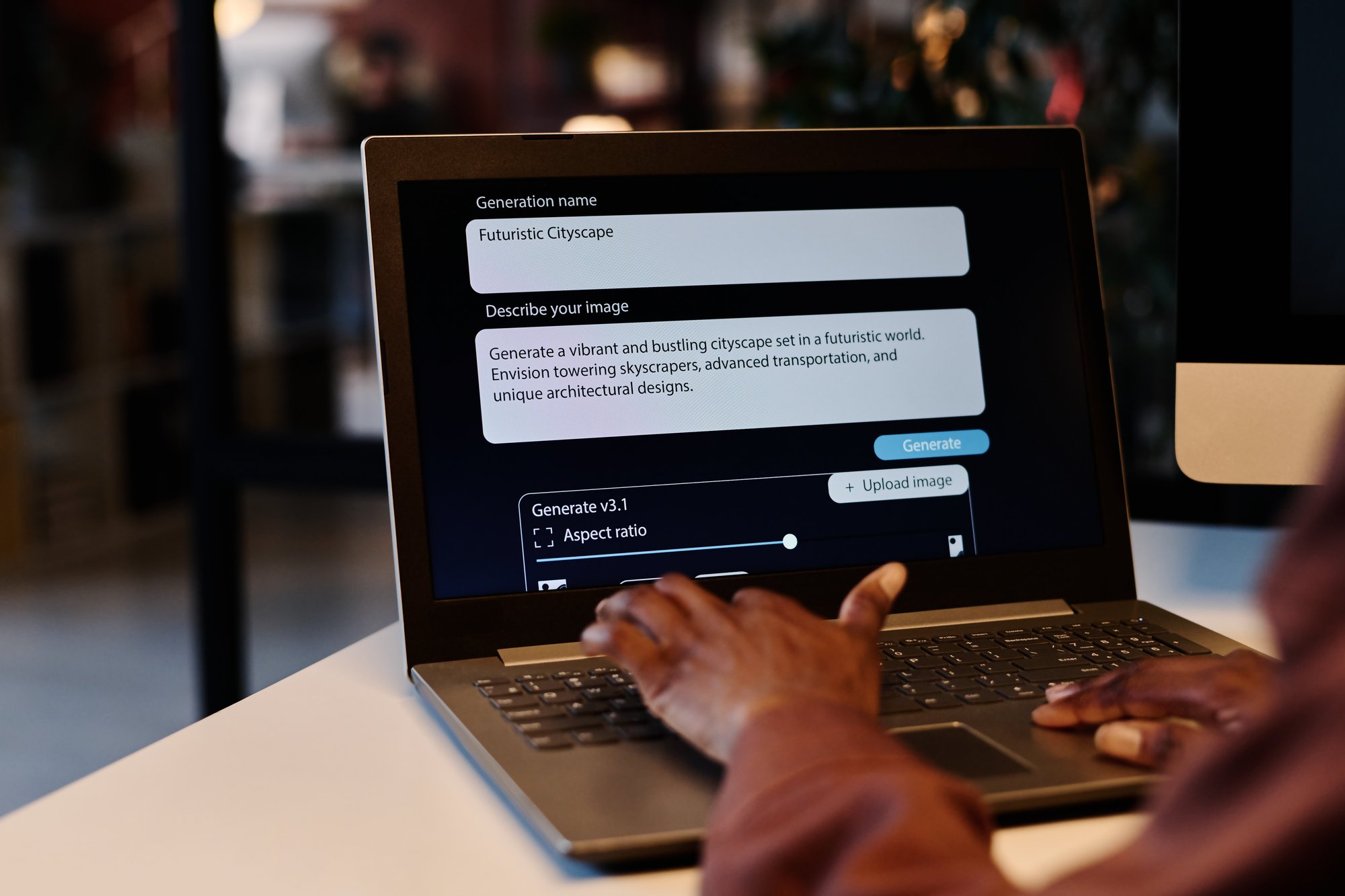 Person nutzt eine KI-Bildgenerierungs-Oberfläche mit Eingabefeld für Bildbeschreibung auf einem Laptop