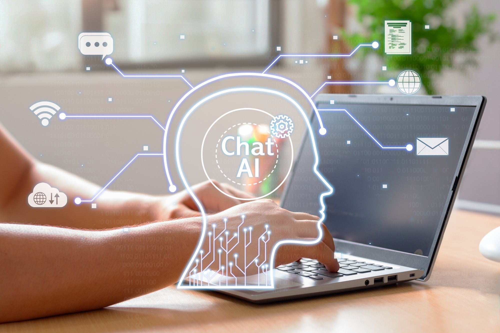 Digitale Illustration eines KI-Chatbot-Kopfes mit vernetzten Symbolen für Nachrichten, E-Mail und Web