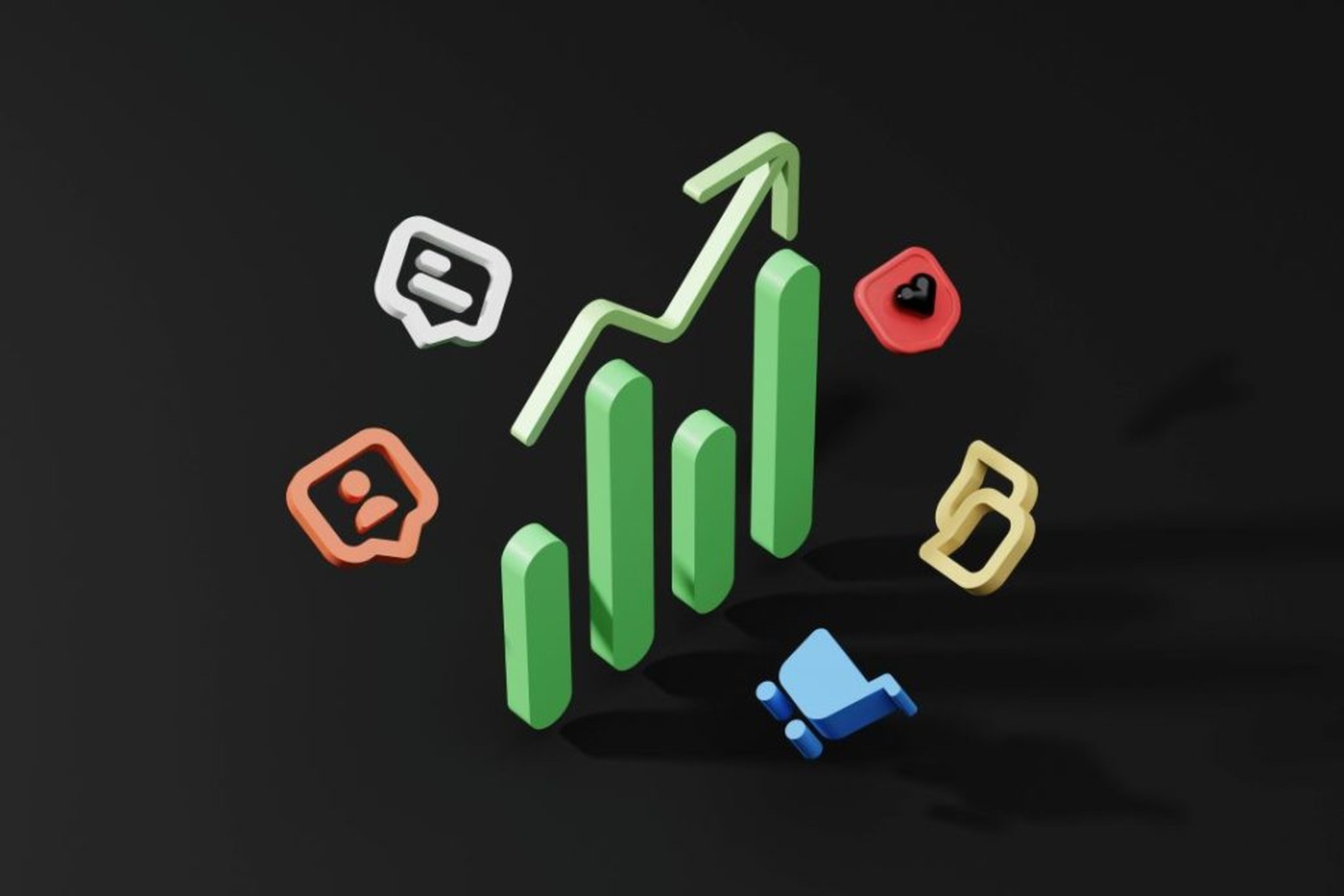 Grünes 3D-Balkendiagramm mit steigendem Pfeil umgeben von Like-, Kommentar- und Link-Icons