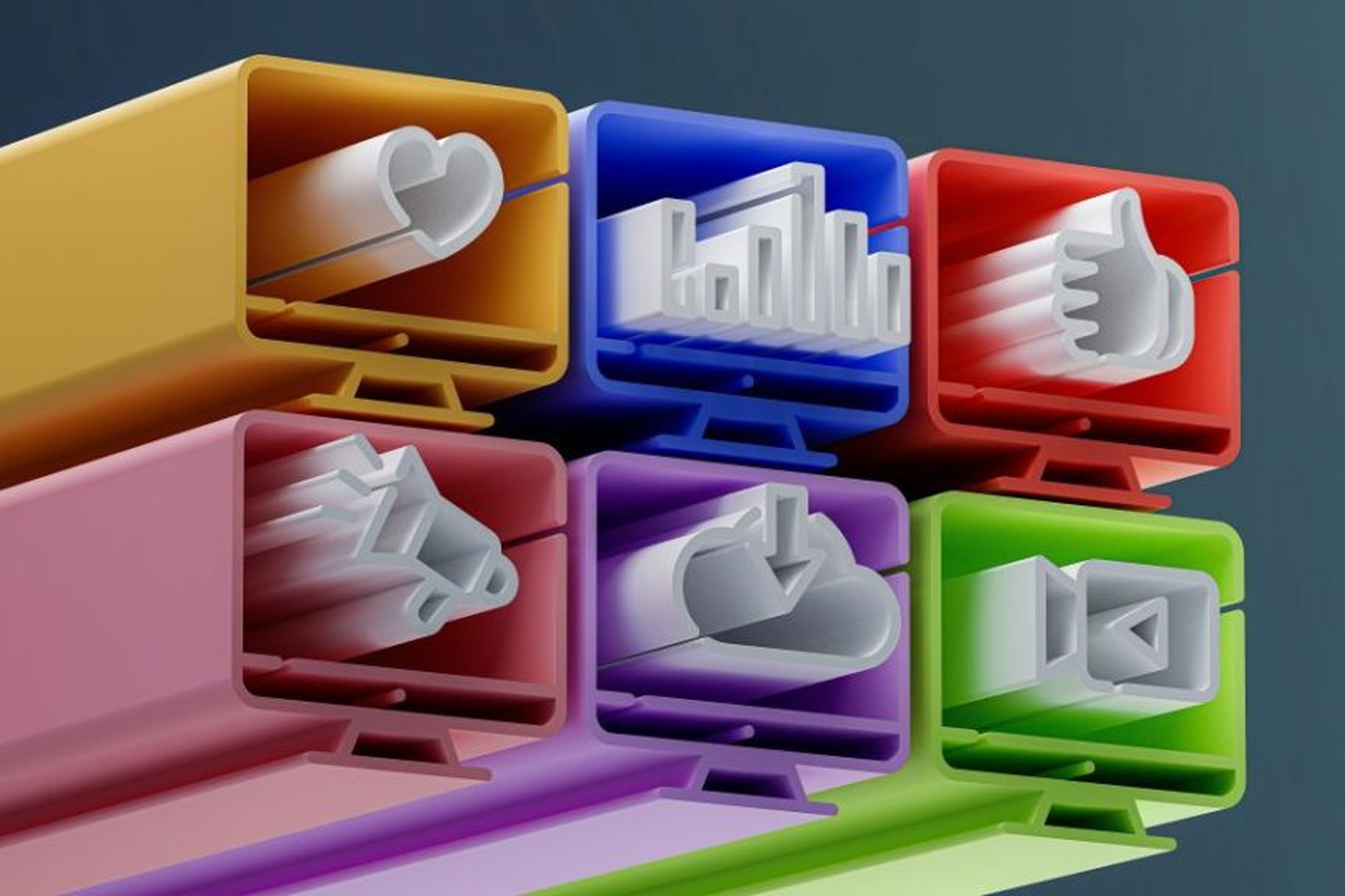 Bunte 3D-Icons für verschiedene Content-Formate wie Video, Statistik und Interaktion