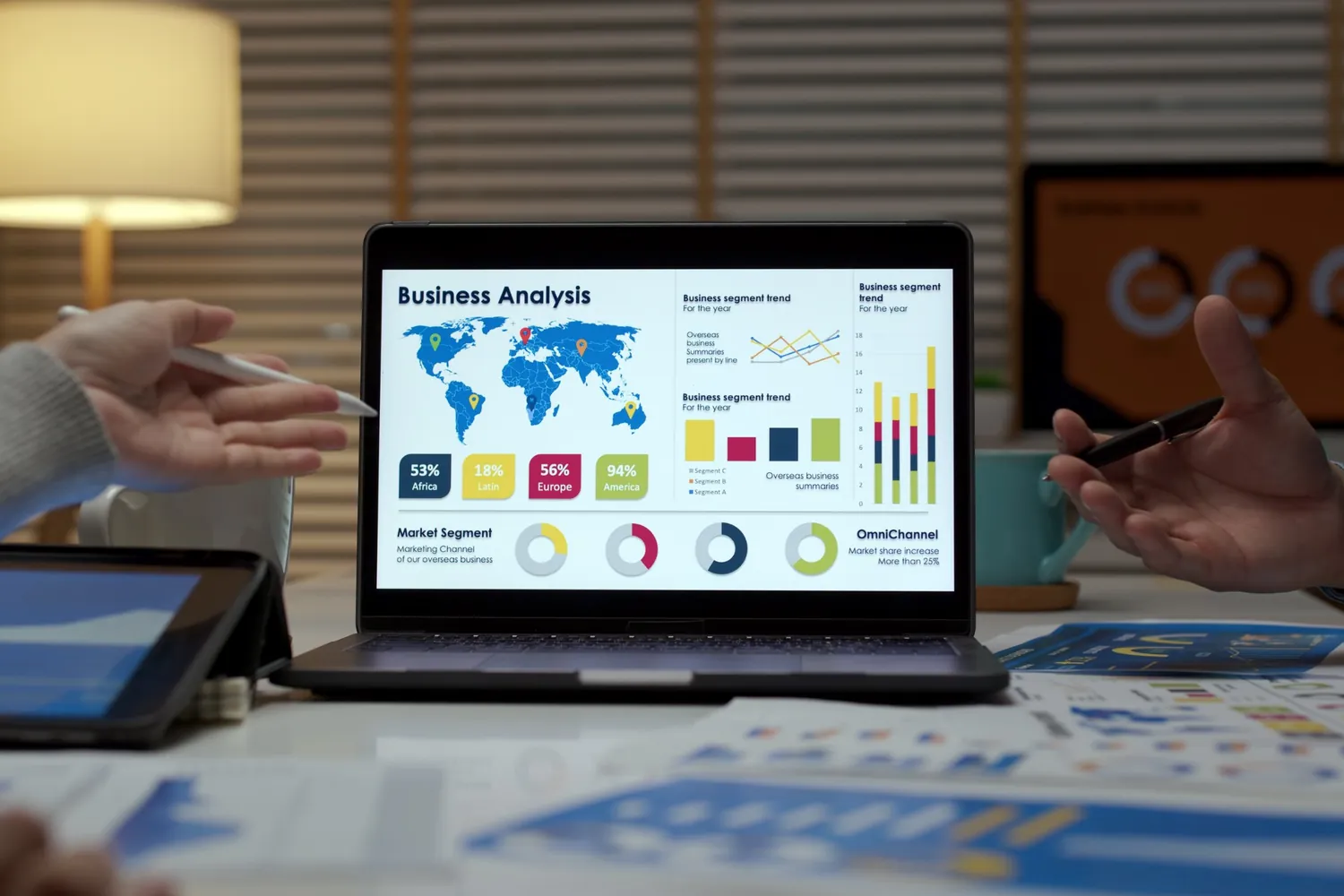 Laptop mit Business-Analyse-Dashboard, Weltkarte und Diagrammen, zwei Personen besprechen die Kennzahlen