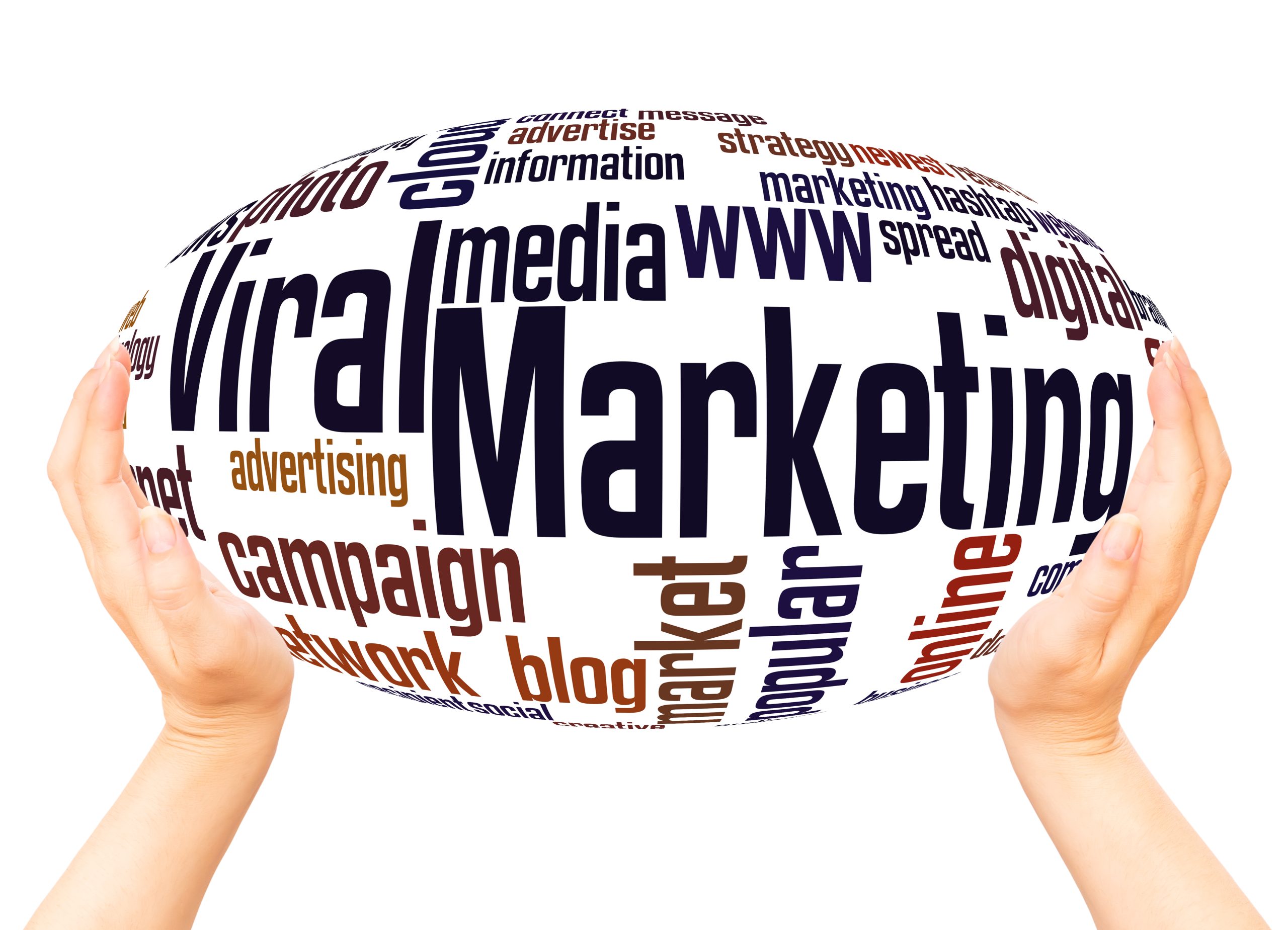 Von zwei Händen gehaltene Wortwolke mit „Viral Marketing" im Zentrum, umgeben von Begriffen wie Media, Campaign, Blog und Digital
