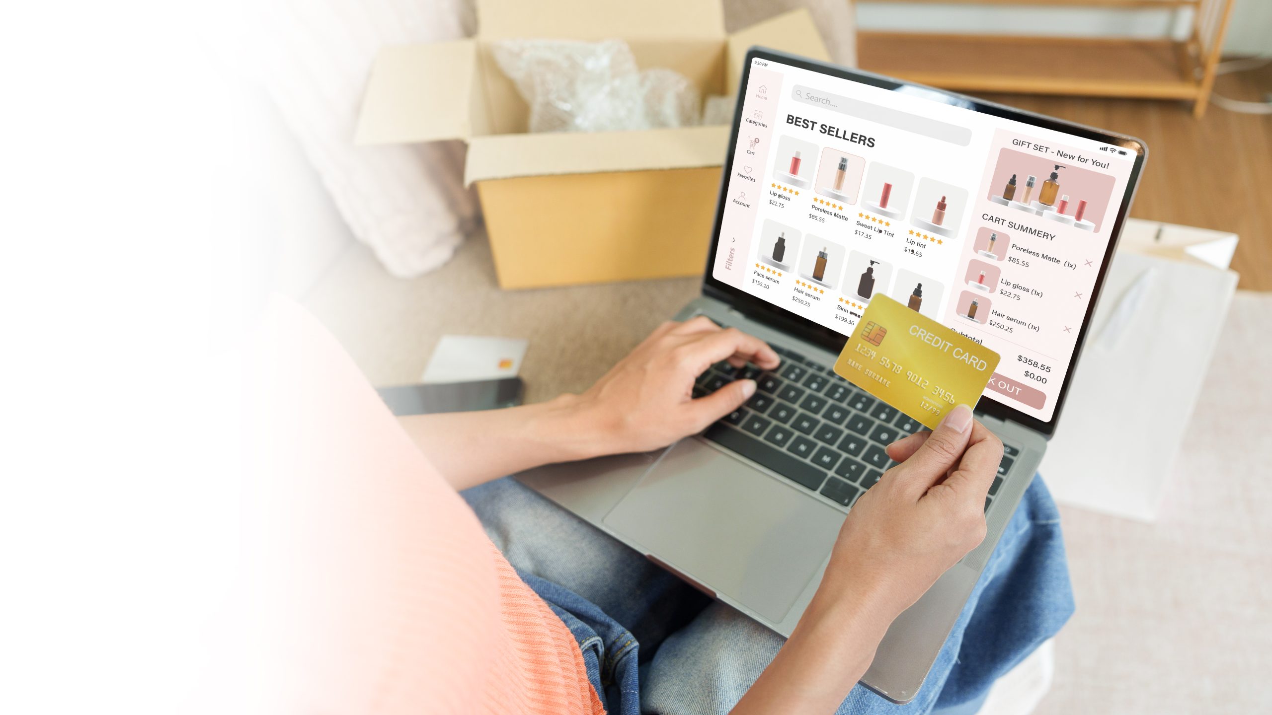 Person bestellt am Laptop mit Kreditkarte in einem Onlineshop – Shop-Entwicklung mit Shopware 6