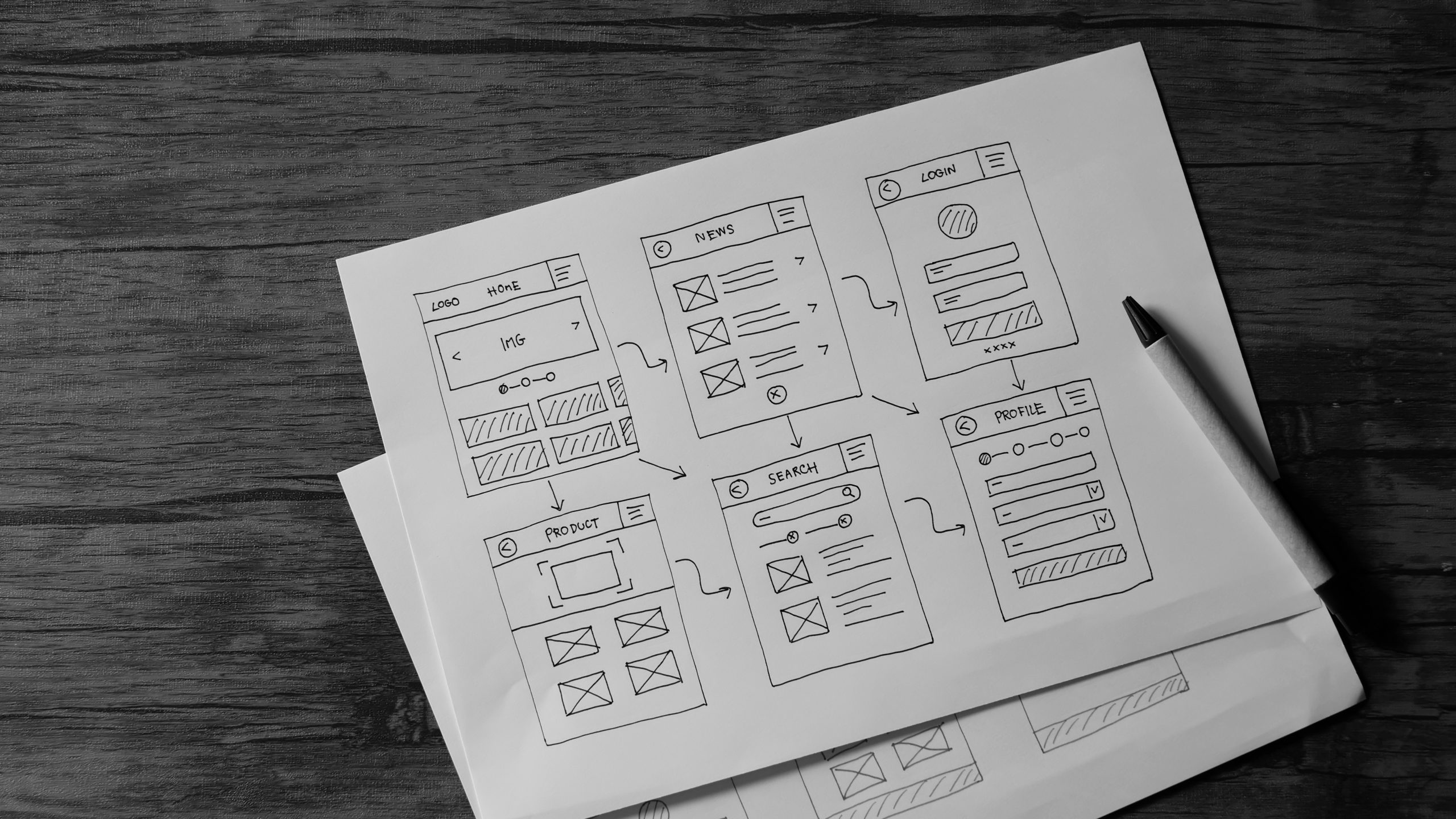 Handgezeichnete Wireframes für einen Onlineshop auf Papier – Planung vor dem Shopware-Projekt